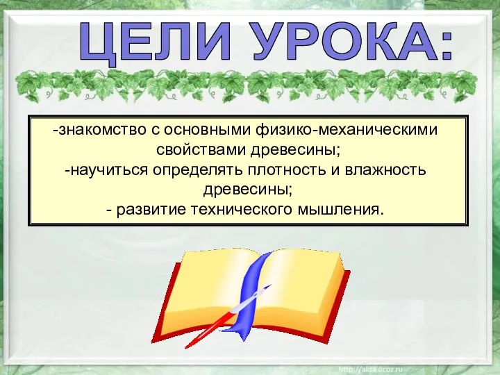 ЦЕЛИ УРОКА: знакомство с основными физико-механическими свойствами древесины; научиться определять плотность