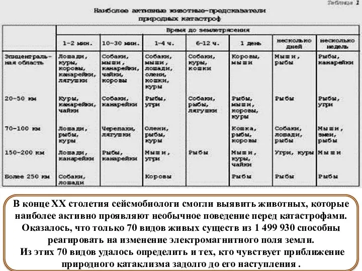 В конце XX столетия сейсмобиологи смогли выявить животных, которые наиболее активно