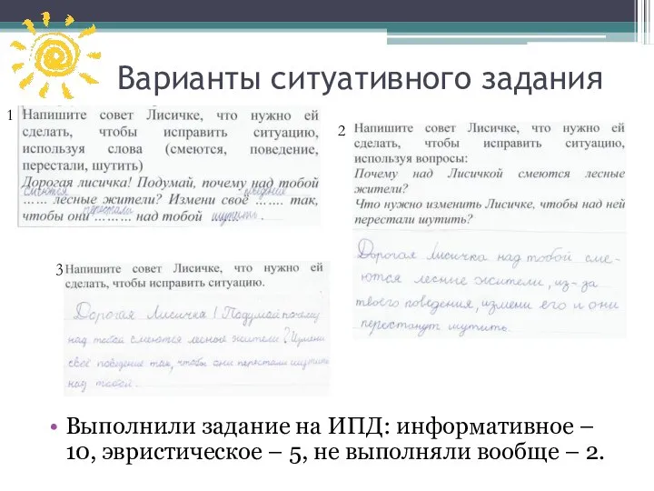 Варианты ситуативного задания Выполнили задание на ИПД: информативное – 10, эвристическое