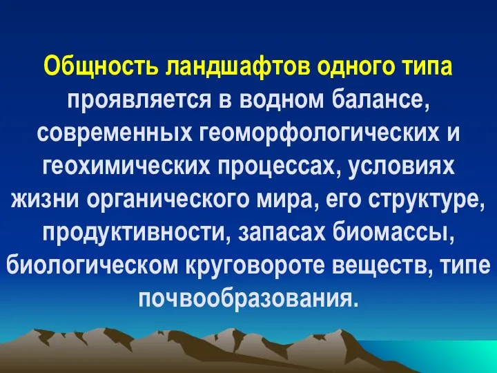 Общность ландшафтов одного типа проявляется в водном балансе, современных геоморфологических и