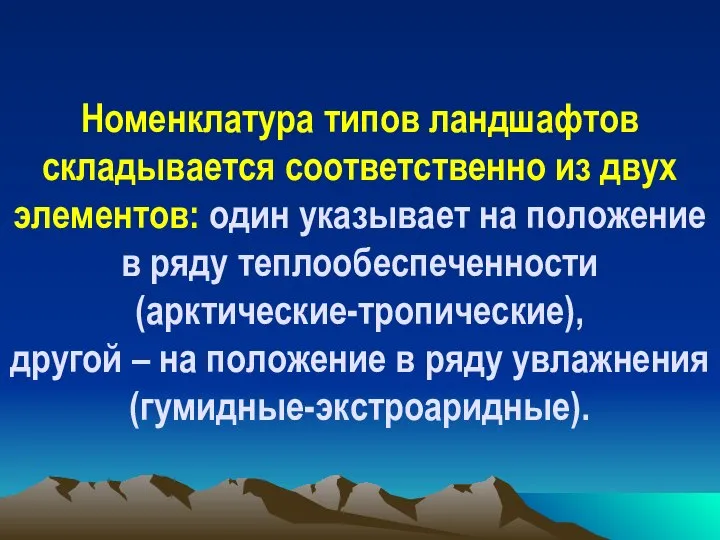 Номенклатура типов ландшафтов складывается соответственно из двух элементов: один указывает на