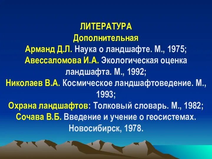 ЛИТЕРАТУРА Дополнительная Арманд Д.Л. Наука о ландшафте. М., 1975; Авессаломова И.А.