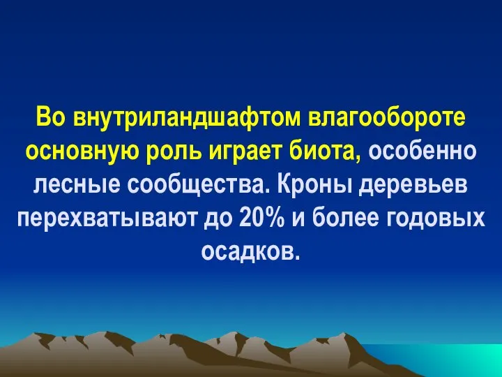 Во внутриландшафтом влагообороте основную роль играет биота, особенно лесные сообщества. Кроны