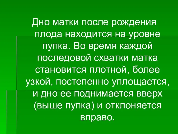 Дно матки после рождения плода находится на уровне пупка. Во время