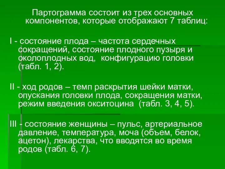 Партограмма состоит из трех основных компонентов, которые отображают 7 таблиц: І