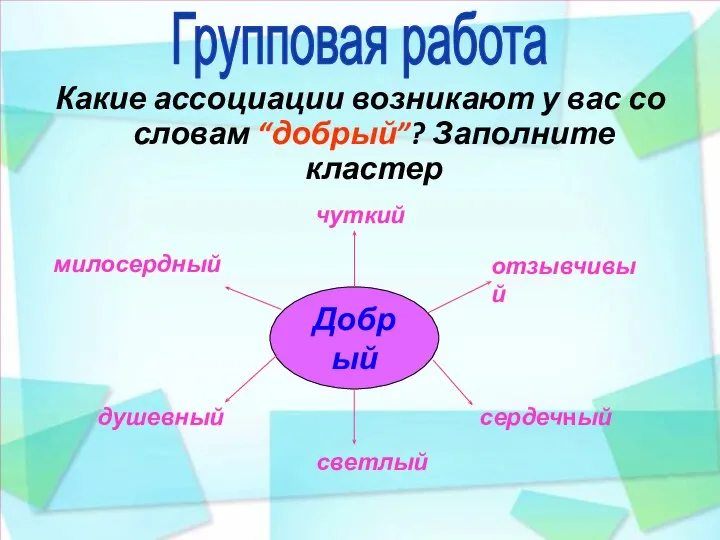 Добрый Групповая работа Какие ассоциации возникают у вас со словам “добрый”?