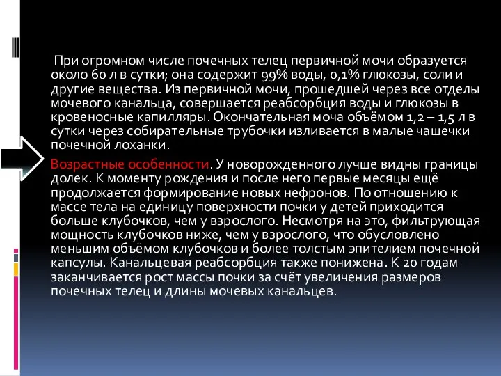 При огромном числе почечных телец первичной мочи образуется около 60 л