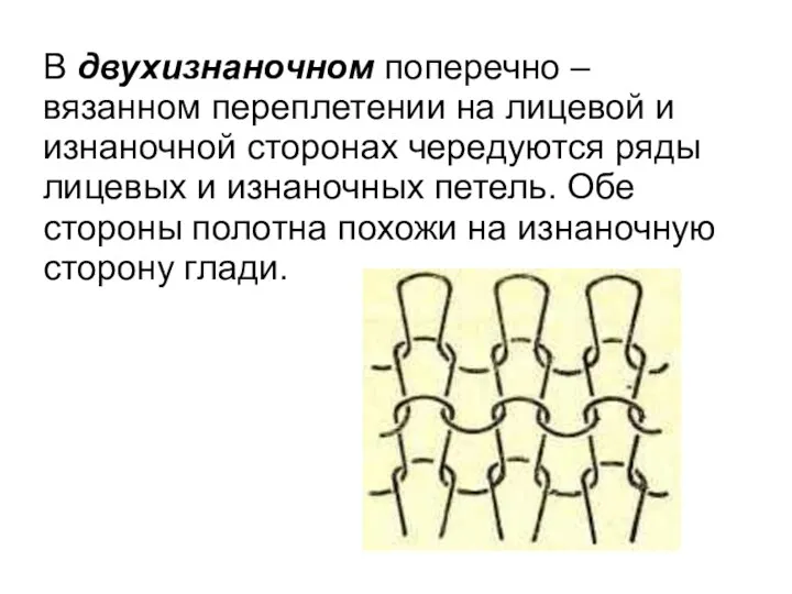 В двухизнаночном поперечно – вязанном переплетении на лицевой и изнаночной сторонах