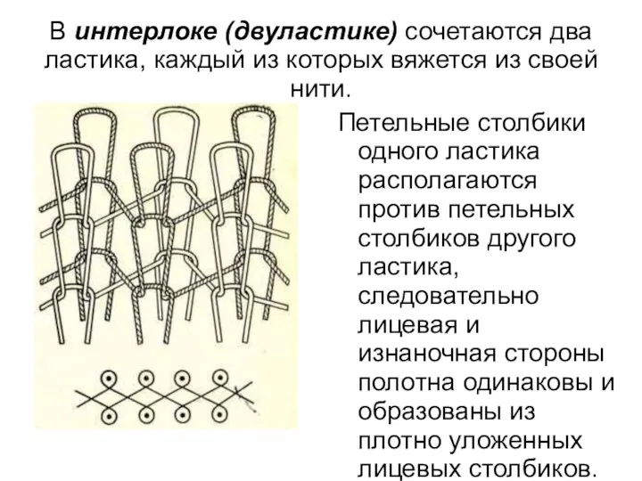 В интерлоке (двуластике) сочетаются два ластика, каждый из которых вяжется из