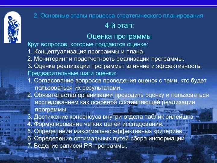 4-й этап: Оценка программы Круг вопросов, которые поддаются оценке: 1. Концептуализация