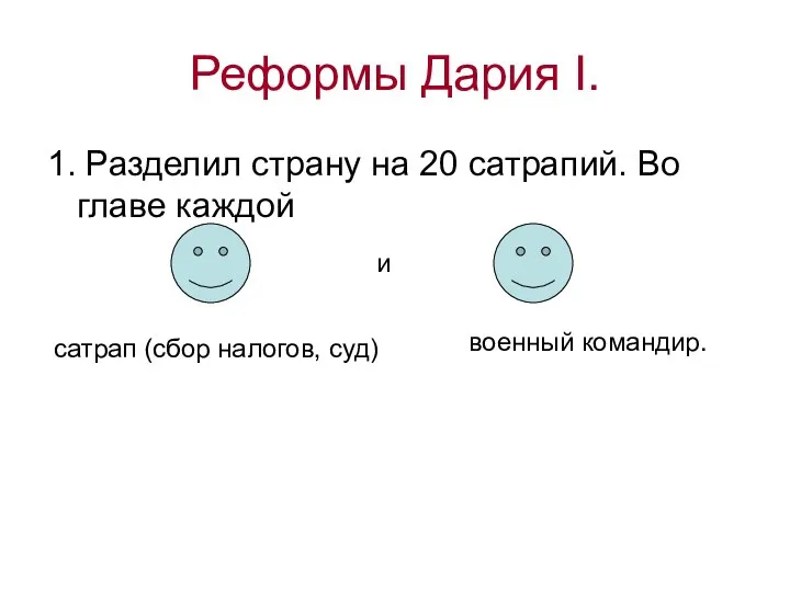 Реформы Дария I. 1. Разделил страну на 20 сатрапий. Во главе