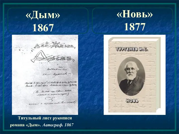 «Дым» 1867 Титульный лист рукописи романа «Дым». Автограф. 1867 «Новь» 1877