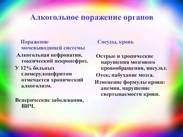 Алкогольное поражение органов Поражение мочевыводящей системы Алкогольная нефропатия, токсический некронефроз. У