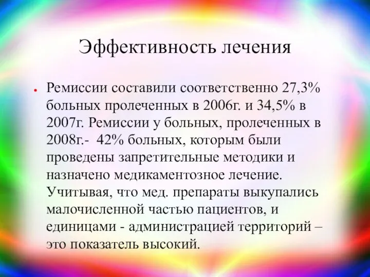 Эффективность лечения Ремиссии составили соответственно 27,3% больных пролеченных в 2006г. и