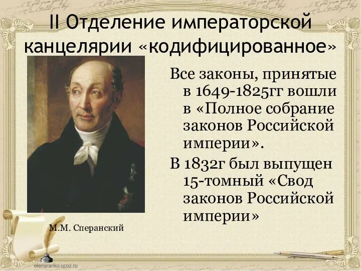 II Отделение императорской канцелярии «кодифицированное» Все законы, принятые в 1649-1825гг вошли