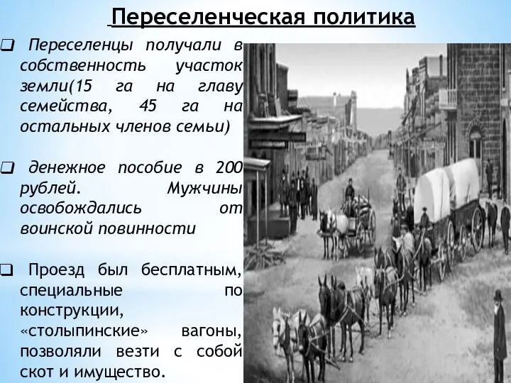 Переселенческая политика Переселенцы получали в собственность участок земли(15 га на главу