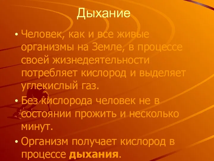 Дыхание Человек, как и все живые организмы на Земле, в процессе