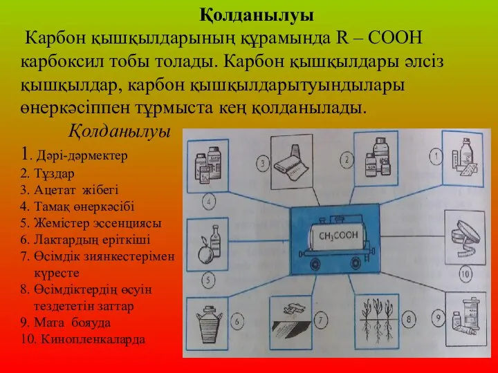 Қолданылуы Карбон қышқылдарының құрамында R – COOH карбоксил тобы толады. Карбон