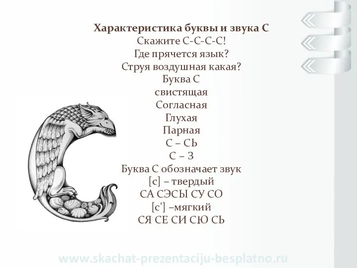 www.skachat-prezentaciju-besplatno.ru Характеристика буквы и звука С Скажите С-С-С-С! Где прячется язык?