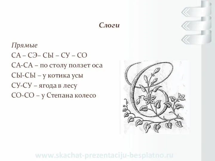 Слоги Прямые СА – СЭ– СЫ – СУ – СО СА-СА