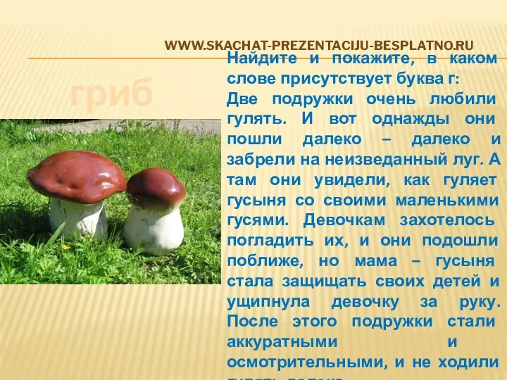 www.skachat-prezentaciju-besplatno.ru гриб Найдите и покажите, в каком слове присутствует буква г: