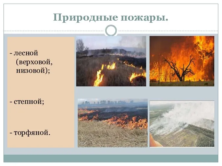 Природные пожары. - лесной (верховой, низовой); - степной; - торфяной.