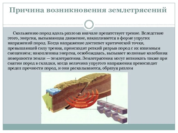 Причина возникновения землетрясений Скольжению пород вдоль разлома вначале препятствует трение. Вследствие