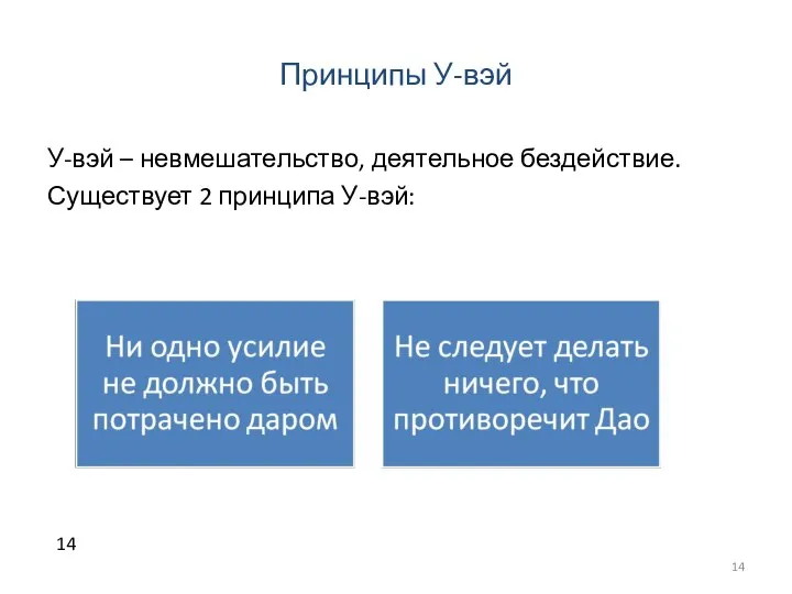 Принципы У-вэй У-вэй – невмешательство, деятельное бездействие. Существует 2 принципа У-вэй: