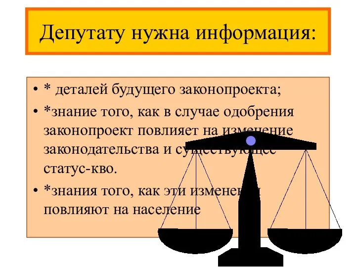 Депутату нужна информация: * деталей будущего законопроекта; *знание того, как в