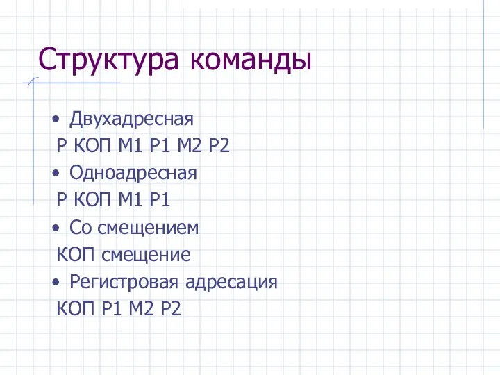 Структура команды Двухадресная Р КОП М1 Р1 М2 Р2 Одноадресная Р