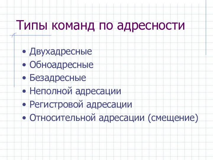 Типы команд по адресности Двухадресные Обноадресные Безадресные Неполной адресации Регистровой адресации Относительной адресации (смещение)