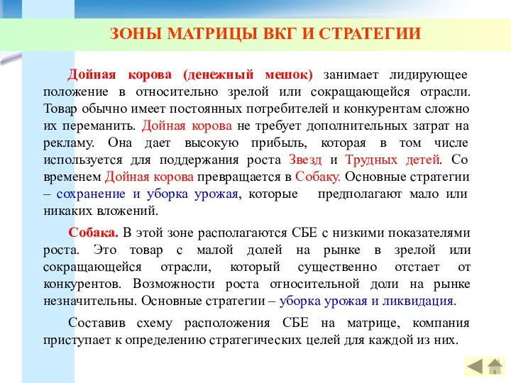 ЗОНЫ МАТРИЦЫ ВКГ И СТРАТЕГИИ Дойная корова (денежный мешок) занимает лидирующее