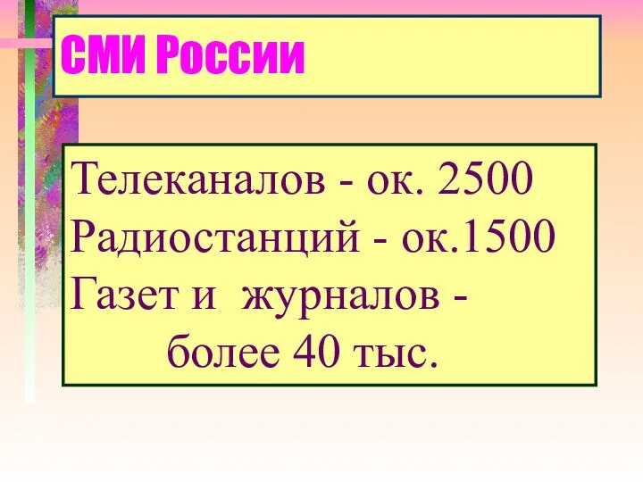 СМИ России Телеканалов - ок. 2500 Радиостанций - ок.1500 Газет и журналов - более 40 тыс.