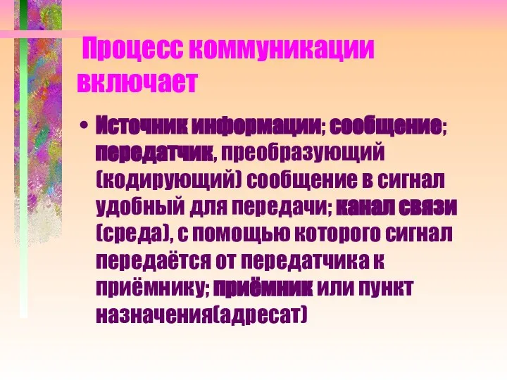 Процесс коммуникации включает Источник информации; сообщение; передатчик, преобразующий (кодирующий) сообщение в