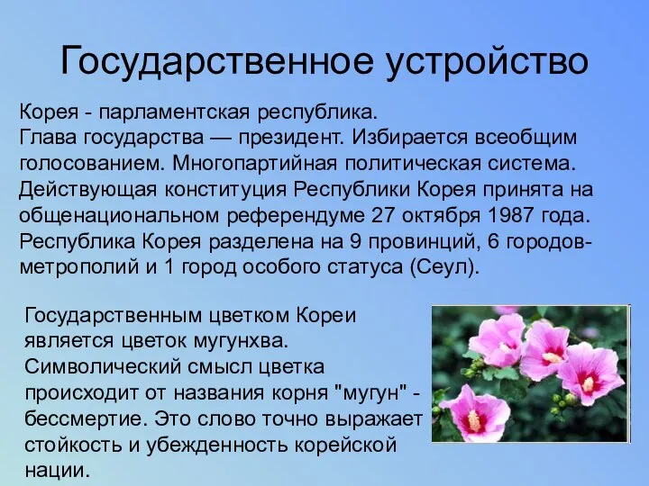 Государственное устройство Корея - парламентская республика. Глава государства — президент. Избирается