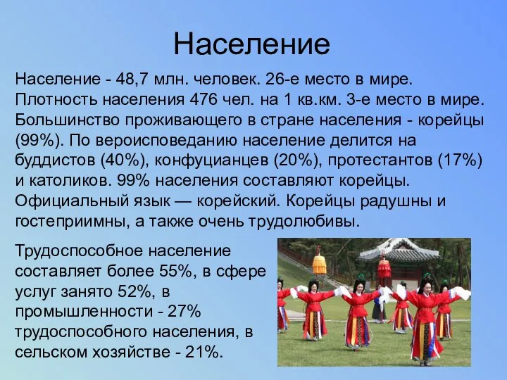 Население Население - 48,7 млн. человек. 26-е место в мире. Плотность