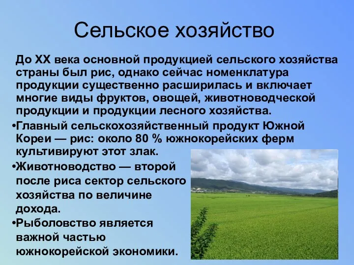 Сельское хозяйство До XX века основной продукцией сельского хозяйства страны был