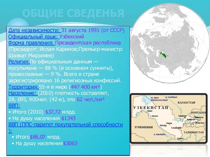 Общие сведенья Дата независимости: 31 августа 1991 (от СССР) Официальный язык: