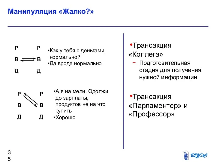 Трансакция «Коллега» Подготовительная стадия для получения нужной информации Трансакция «Парламентер» и