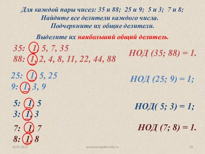 10.05.2012 www.konspekturoka.ru 35: 1, 5, 7, 35 88: 1, 2, 4,