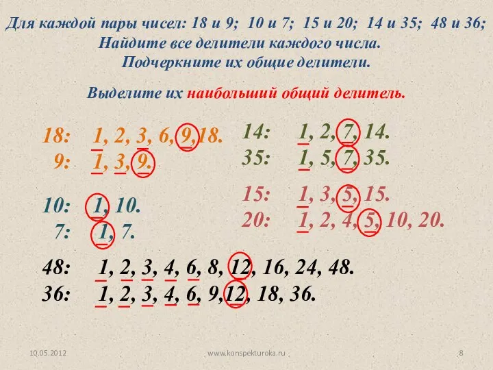 10.05.2012 www.konspekturoka.ru Для каждой пары чисел: 18 и 9; 10 и