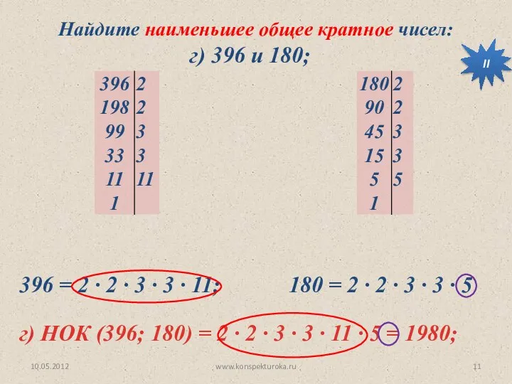 10.05.2012 www.konspekturoka.ru Найдите наименьшее общее кратное чисел: г) 396 и 180;
