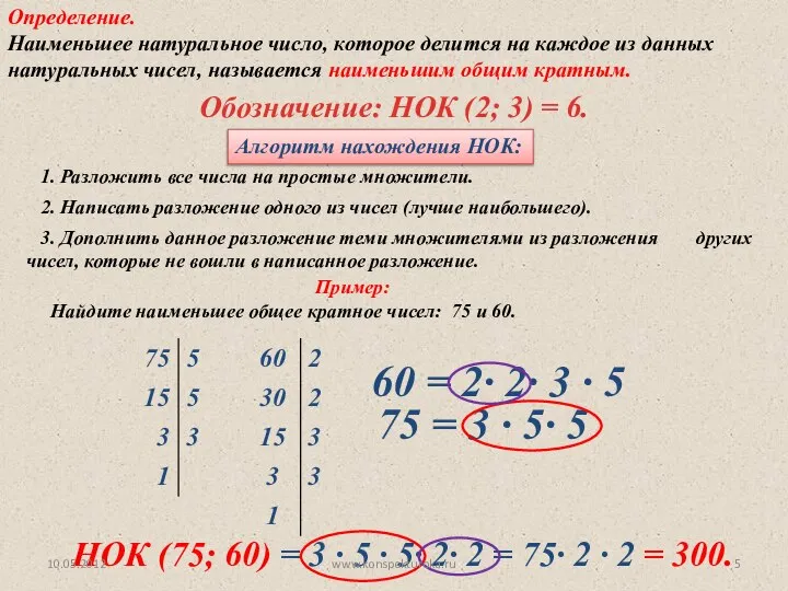 Обозначение: НОК (2; 3) = 6. Алгоритм нахождения НОК: Пример: Найдите