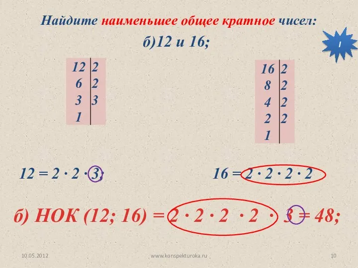 10.05.2012 www.konspekturoka.ru б) НОК (12; 16) = 2 ∙ 2 ∙