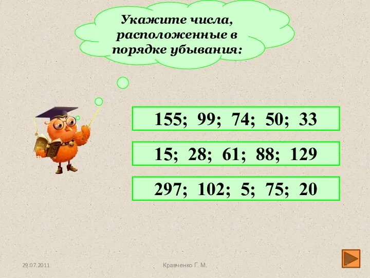 Укажите числа, расположенные в порядке убывания: 155; 99; 74; 50; 33