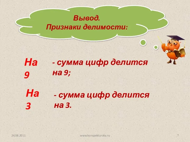 Вывод. Признаки делимости: На 9 На 3 - сумма цифр делится