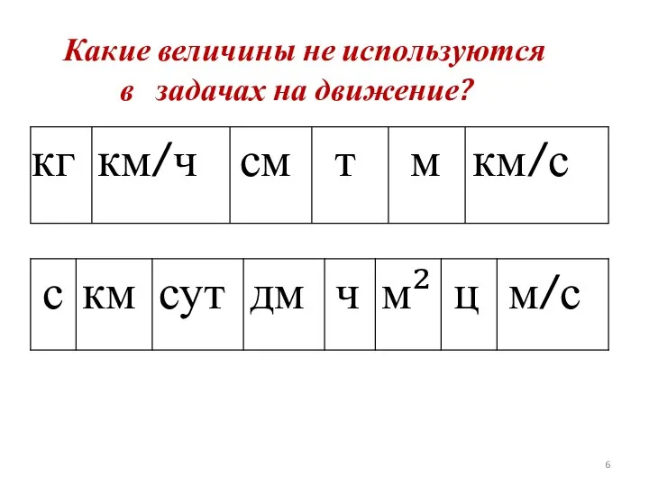 Какие величины не используются в задачах на движение? кг км/ч см