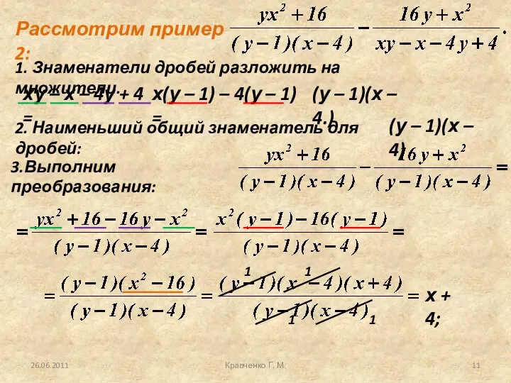 Кравченко Г. М. Рассмотрим пример 2: 1. Знаменатели дробей разложить на