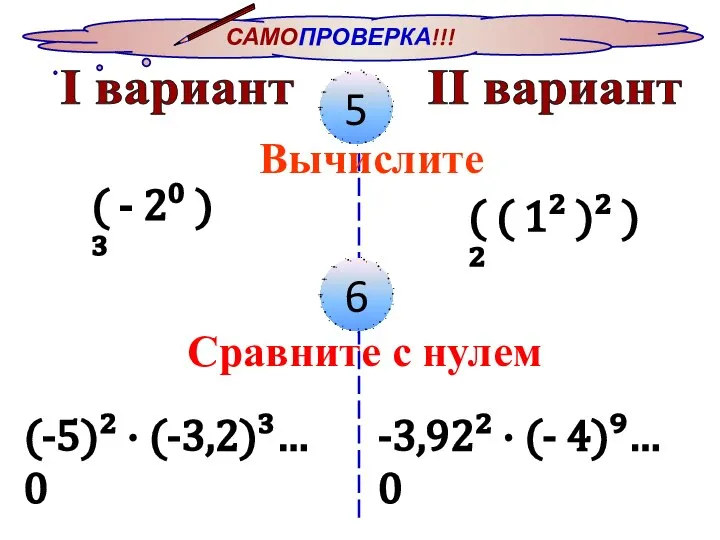 САМОПРОВЕРКА!!! I вариант II вариант 5 Вычислите ( - 2⁰ )³