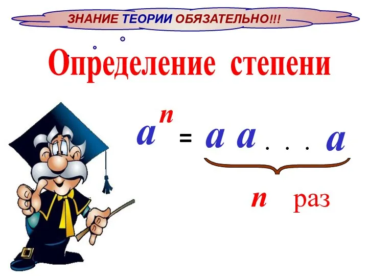 ЗНАНИЕ ТЕОРИИ ОБЯЗАТЕЛЬНО!!! Определение степени = раз n а п а а а • • •